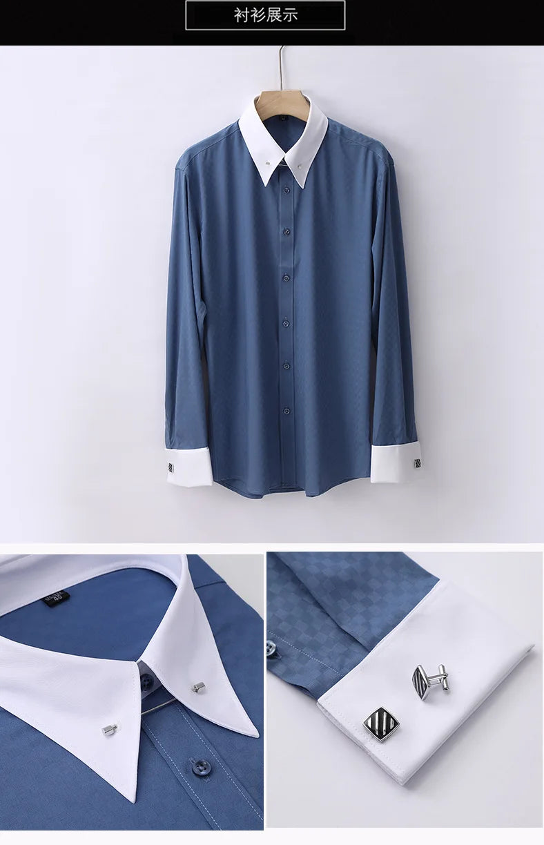 Embroidered French Cufflinks Men's Long-Sleeve Shirt with Collar Pins No tie Big Collar Dress Shirt for Business Formal Gentlema