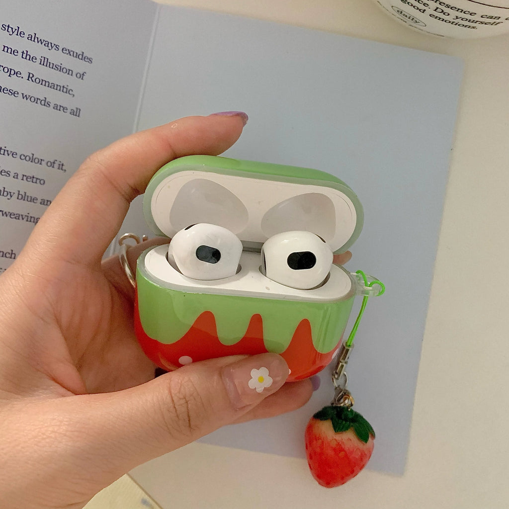 Cute Lovely White Polka Point Red Strawberry Glossy Earphones Cover Case for AirPods 1 2 3 4 5 Pro 2 Pro 3 with Charm Pendant