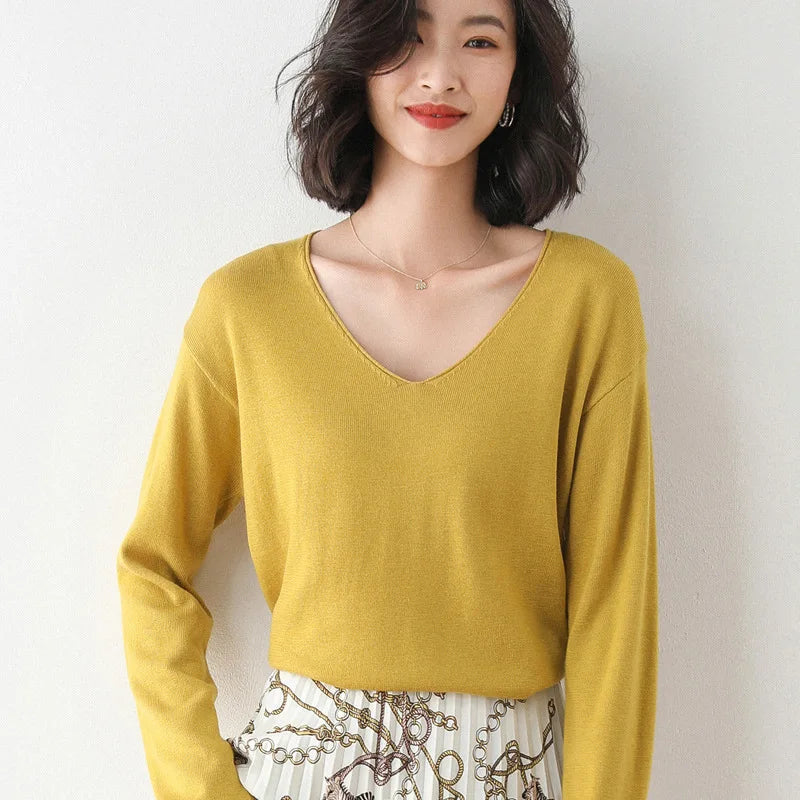 2025 Spring Autumn Womens Sweater Solid Knitwear Korean Loose Female Basic Casual Jumpers Stretch Pullover Sky Blue Pink Sweater