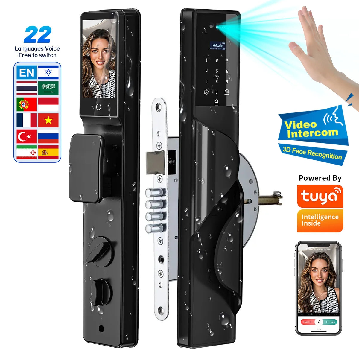 2026 Tuya Wifi Palm Face Recognition Smart Lock Video Monitoring Intercom Smart Door Lock Compatible with Israeli Mortise