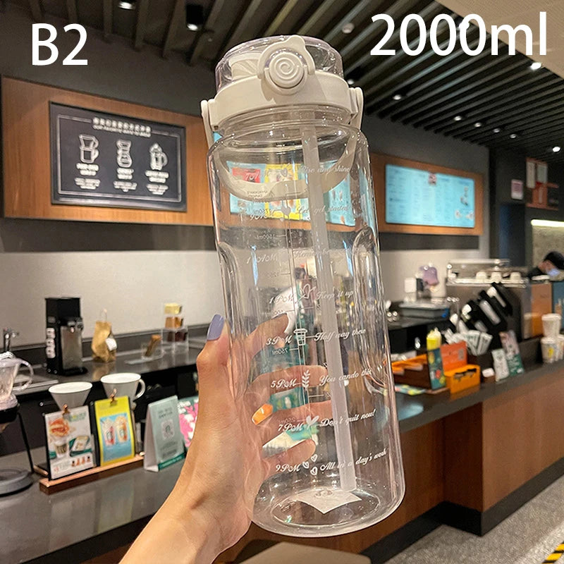 1.5/2Liter Sport Straw Water Bottle With Time Scale Plastic Summer Cold Juice Water Cup Large Capacity Portable Travel Bottles