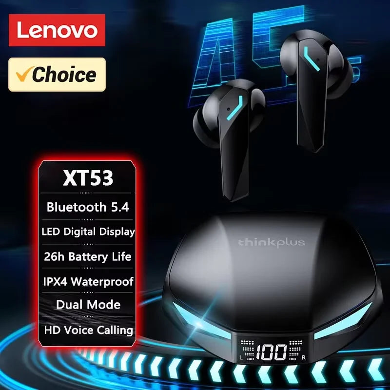Lenovo XT53 Wireless Bluetooth 5.4 Earphones LED Digital Display Waterproof Earbuds Noise Cancelling Gaming Headset GM2 Pro Max