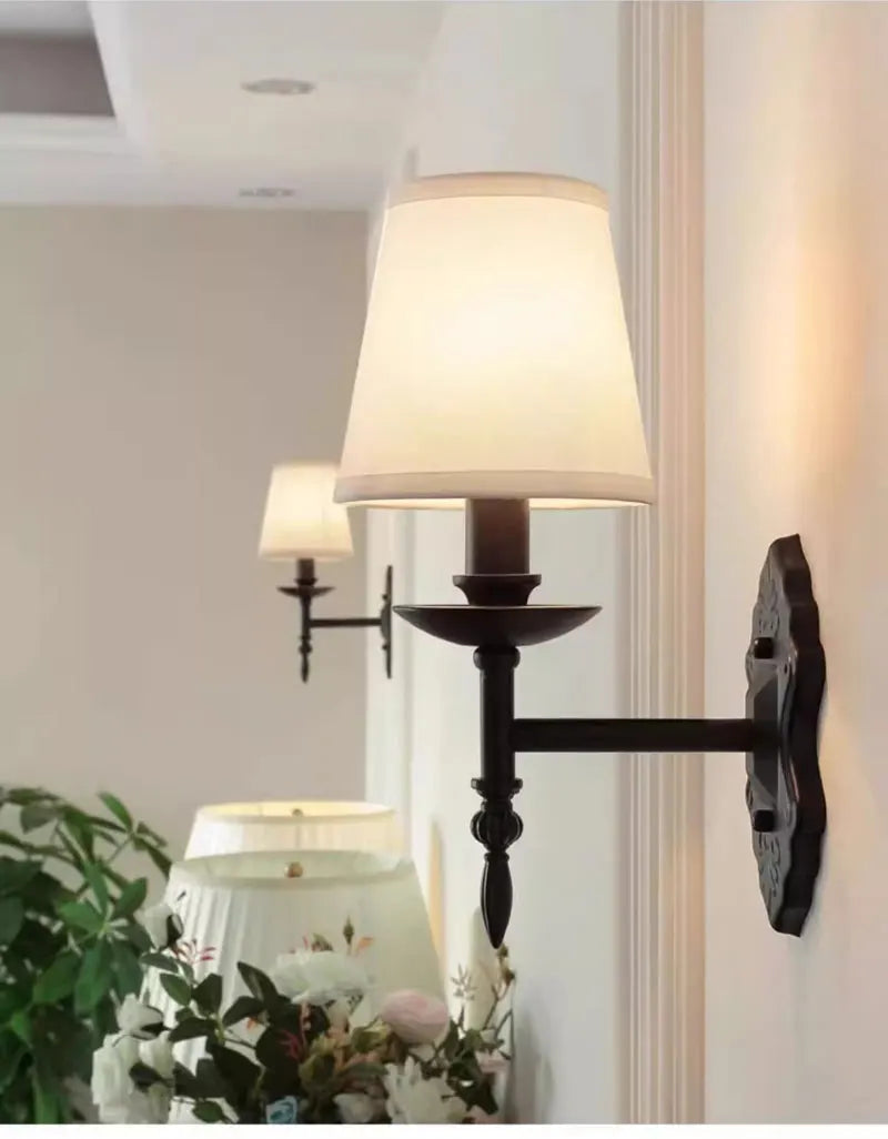 American Black Iron Wall Lamp Retro Living Room Bedroom Bedside Hotel European Countryside Study E14 Fabric Wall Light Sconce