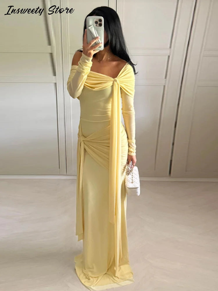 Elegant Solid Lace Up Dress Women's Off The Shoulder Long Sleeve Draped Dresses 2026 Spring New Female Chic Party Robes ﻿
