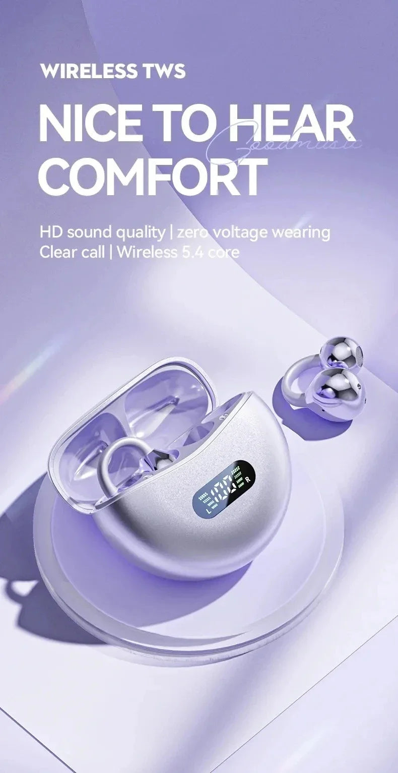 Digital Display Ear Clip Headphones Wireless Bone Conduction Bluetooth 5.4 Earbuds Comfortable Waterproof Sport Headsets