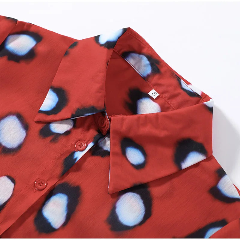 Beach Vacation Printed Shirt Pant Set Women Red See Through Lapel Full Sleeve Button Shirts Pants Suit 2026 Summer Casual Outfit