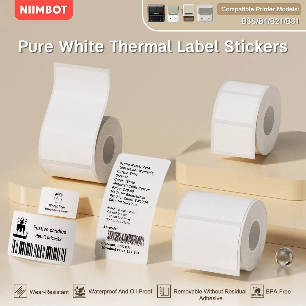 NIIMBOT B21/B1/B3S Full white series Thermal Label Sticker Paper Printable 20-50mm