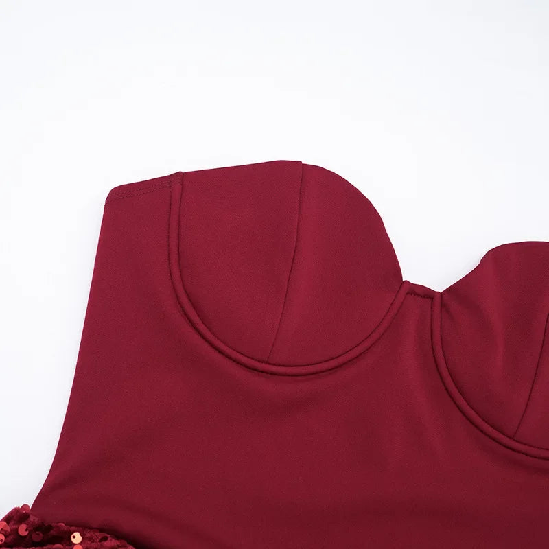 Chic Sequin Patchwork Strapless Mini Dress Women Scarf Collar Off-shoulder Waist Cinching Pleated Robe Lady Evening Party Gowns