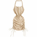 Y2K Solid Color Halter Neck Dress Sleeveless Design Drawstring Mini Dress Ruched Side Stretchy Knit Sundress Women Summer Wear
