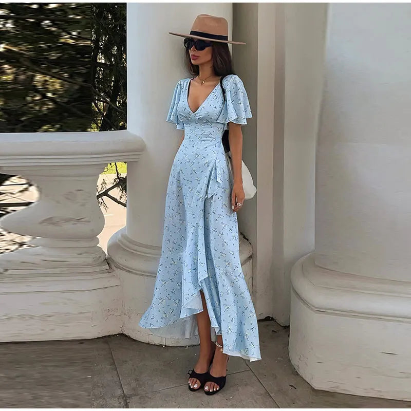 Elegant Women's Printed Lotus Leaf Long Dress Slim High Waist V-neck Short Flared Sleeve Backless Slit Dresses 2026 Summer Robe