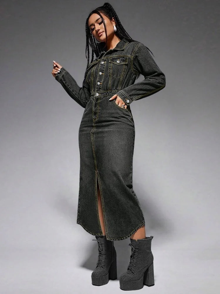 Wmstar Denim Dresses Women Long Sleeve Casual Button Pockets Maxi Dress Fall Clothes Fahion Streetwear Wholesale Dropshipping