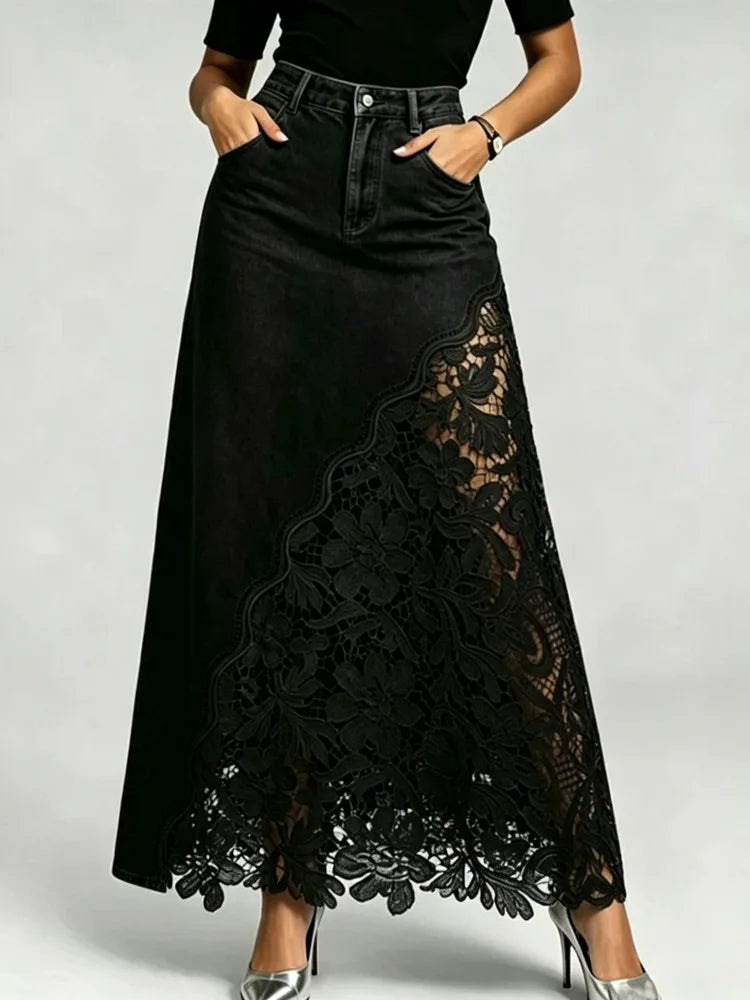 SHENGPALAE Women Denim Maxi Skirt High Waist Washed Lace Splicing Casual Streetwear Floral Hollow Pocket Summer 2026 New