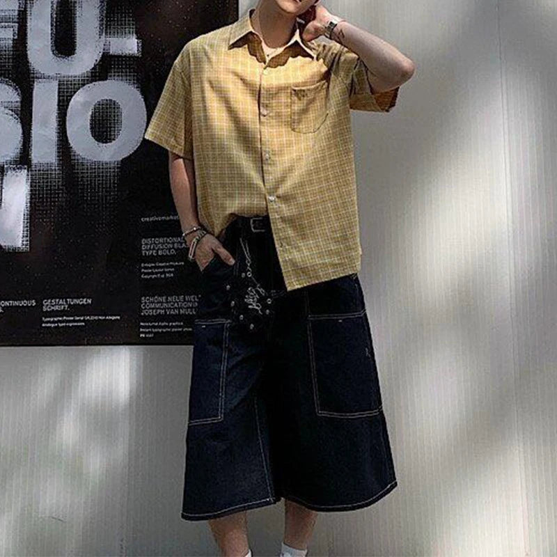 2025 Summer Stylish Short Sleeve Shirt Men's Streetwear Vintage Button-up Turn-down Collar Shirts Trendy Men Plaid Printed Shirt