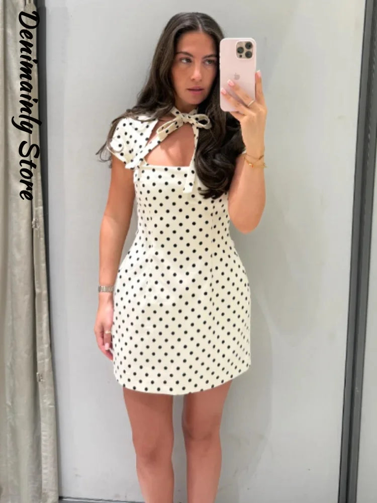 Fashion Lace Up Polka Dot Mini Dress Women Square Collar Short Sleeve Satin Party Dresses2026 Summer Lady Elegant Beach Robe New