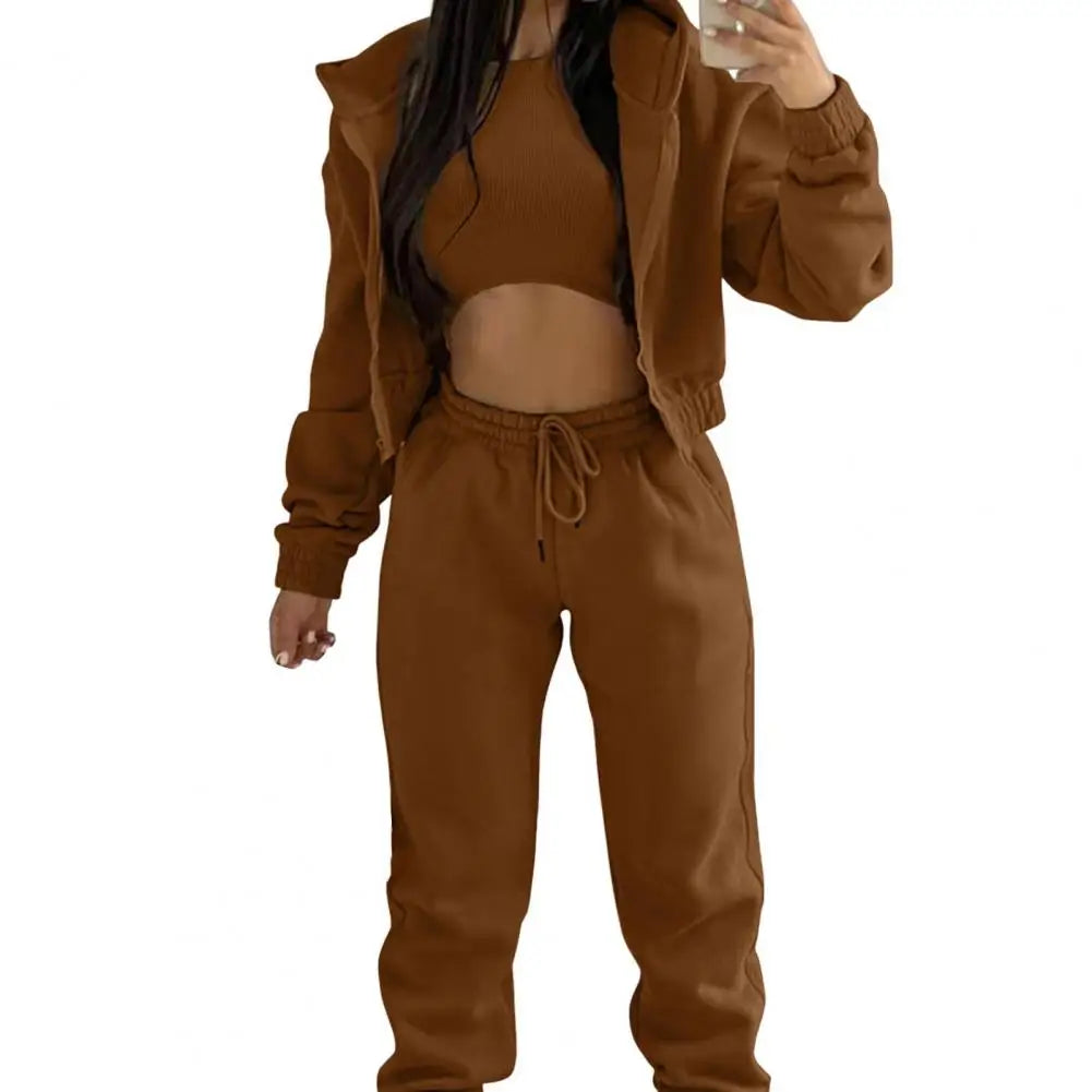 Autumn Winter Outfit Women Polyester Outfit Set 3 Piece Women’s Sweatsuit Set Fleece Zip-up Hoodie Jogger Sweatpants for Fall