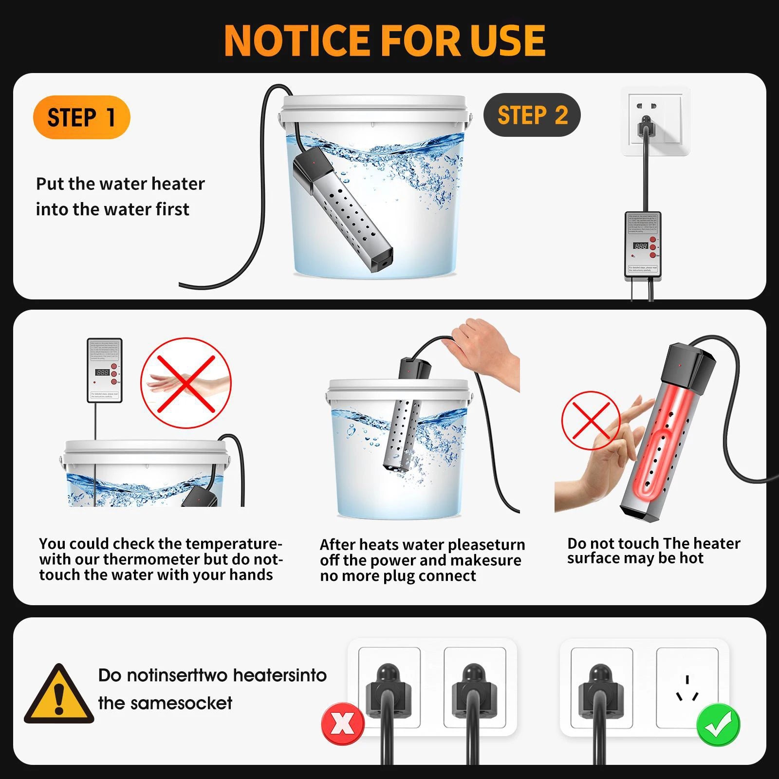 110V/220V 2000W Electric Heater Boiler Water Heating Elements Portable Immersion Thermostatic Heater for Bathroom Swimming Pool