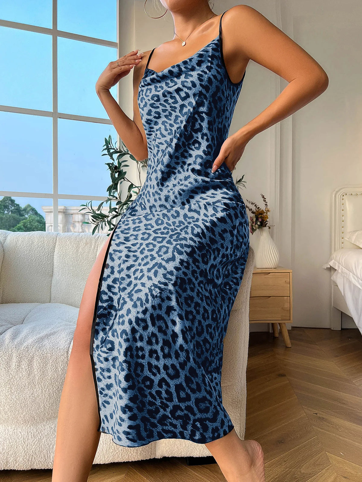 Ice Silk Slip Dress Summer Thin Breathable Silk Like Sexy Leopard Print Women's Backless Split Sling Nightdress