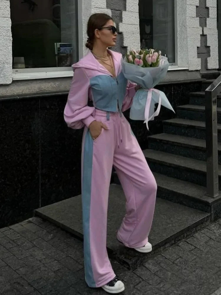 Hoodie Patchwork Denim 2 Piece Sets Women Outfit Slim Hoodies Crop Top Wide Leg Sweatpants Suit Streetwear Casual Tracksuits