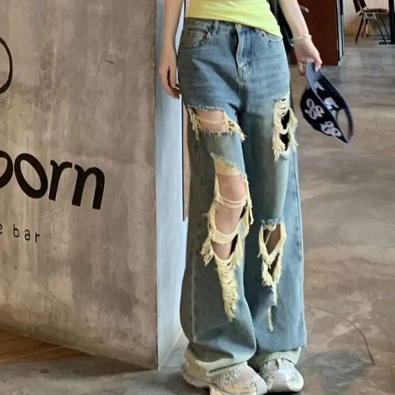 Retro Ripped Jeans for Women Summer High Waisted Loose Straight Leg Pants 2026 New Casual High Street Wide Leg Denim Trousers
