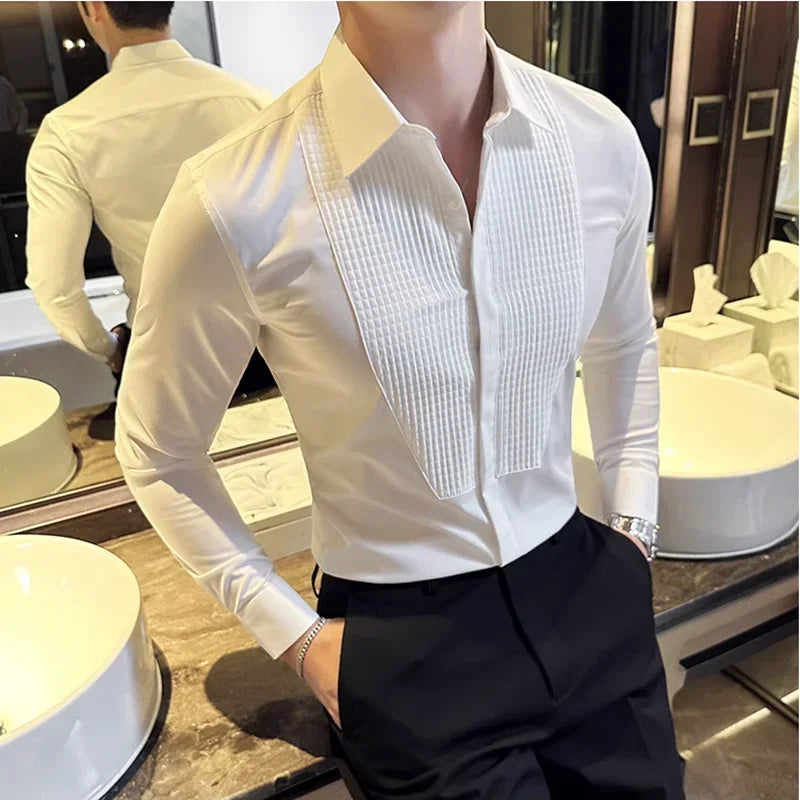 Groom Wedding Party Dress Shirt Men's Fashion Pleated Design Slim Fit Shirt Men Formal Long Sleeved Social Business Tailcoat