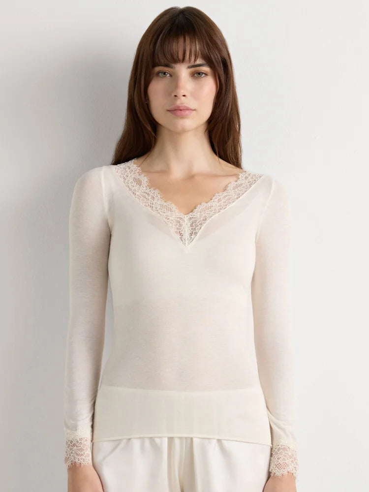 Absobe Long Sleeve Lace Trim T-shirt Women Sexy Low Cut V-Neck Patchwork Versatile Slim Female Top Solid Color Casual Streetwear