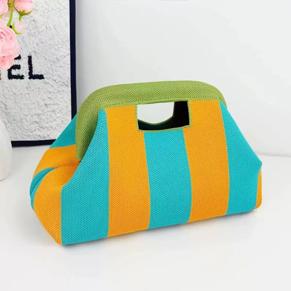 New Woven Bag Hollow-Out Striped Knitted Handbag Fly-Knitted Cloud Versatile Portable Cosmetic Bag