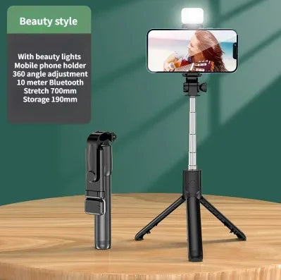 Wireless Selfie Stick with Tripod Stand and Light, Bluetooth Remote, Extendable for iPhone, Mobile Phone, Live Streaming