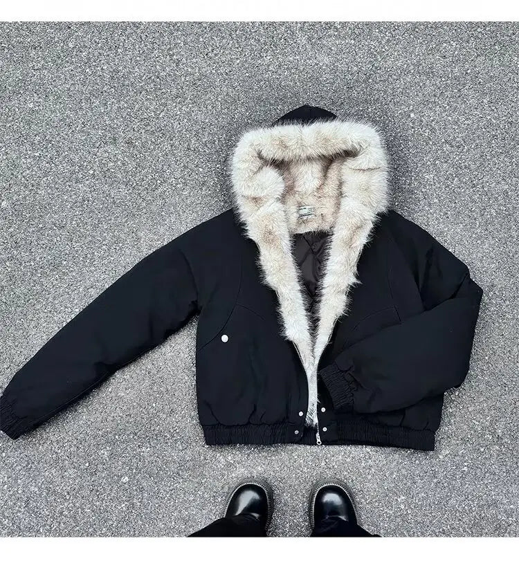 American Retro Lamb Fleece Cotton Jacket Winter Thickened Keep Warm Fur Collar Jacket Zipper Hoodie Loose Coat men clothing