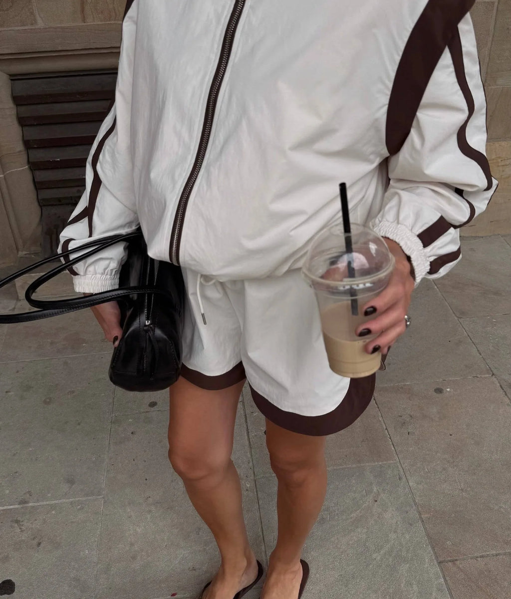 Lady'snavy Chevron Stripe Windbreaker Tracksuit Zip Cropped Jacket Contrast Trim Shorts 2026 Casual Sport Daily Jogging Street