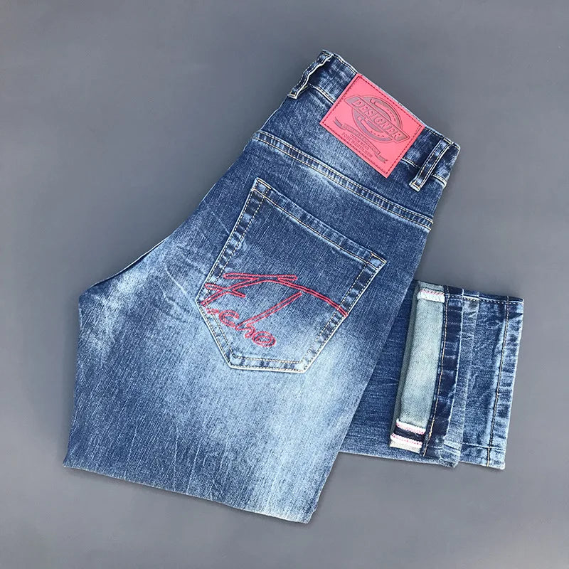 New Trendy Brand Jeans for Men Spring Autumn Slim Fit Small Feet Elastic Water Washed Retro Trendy Casual Long Pants