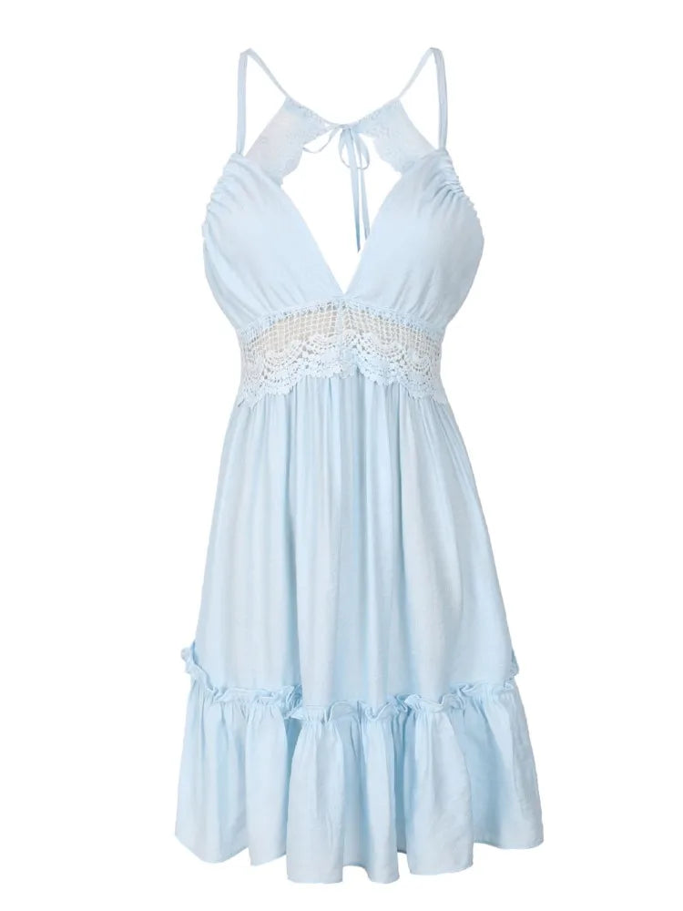 2025 Women Sexy Backless Lace Mini Dress Fashion Elegant V-neck Beach Vacation Sleeveless Dress Summer Party Nightclub Vestidos