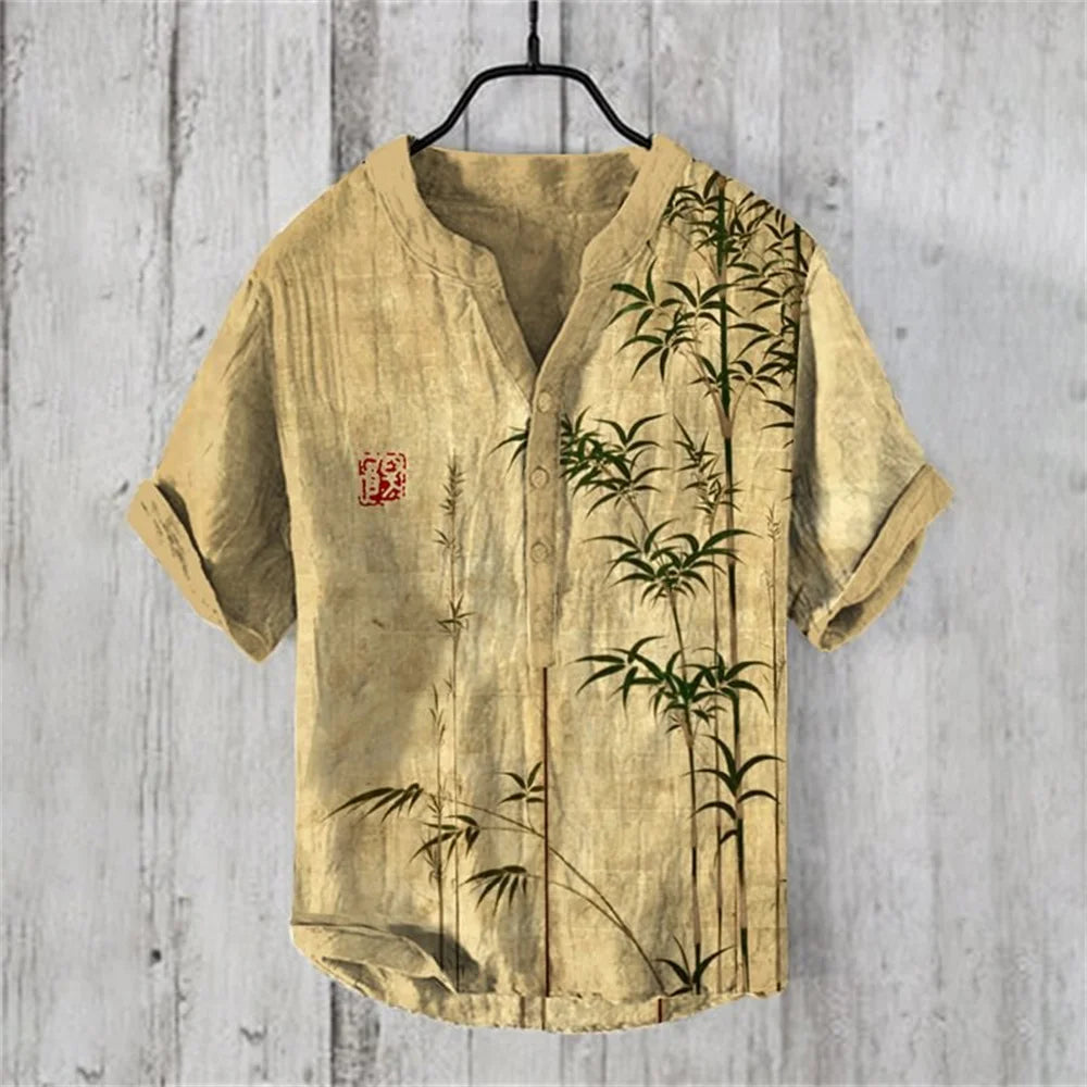 2024 New Men's Shirt Japanese Vintage Art Print Linen Short Sleeved Shirt Hawaiian Style Button Henry Neck Shirt