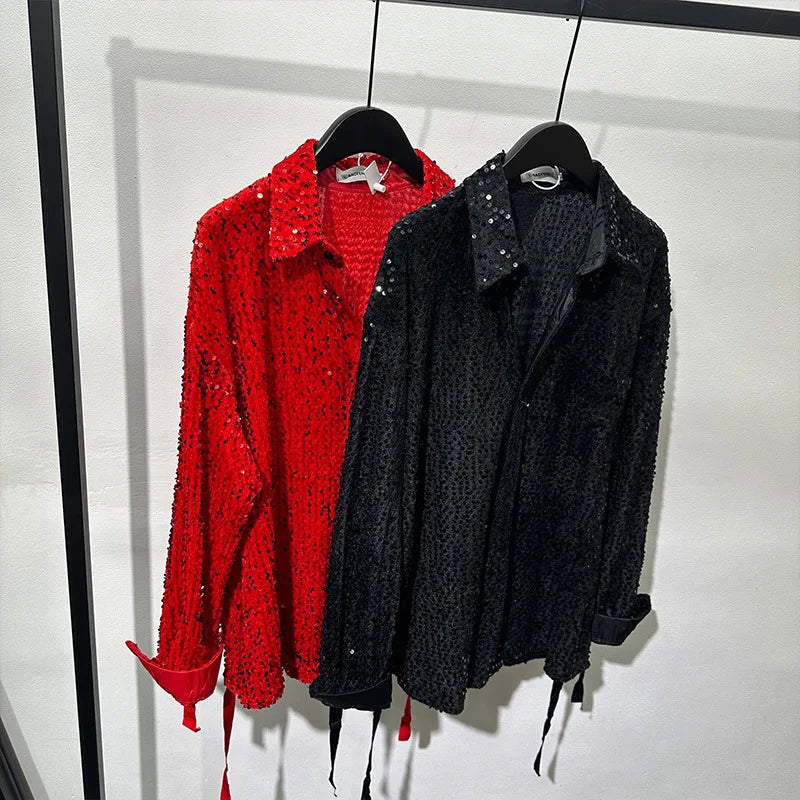 Spring Autumn Men's Sequins Shirt Solid Color Luxury Lapel Single Breasted Long Sleeve American Fashion Party Shining Shirts
