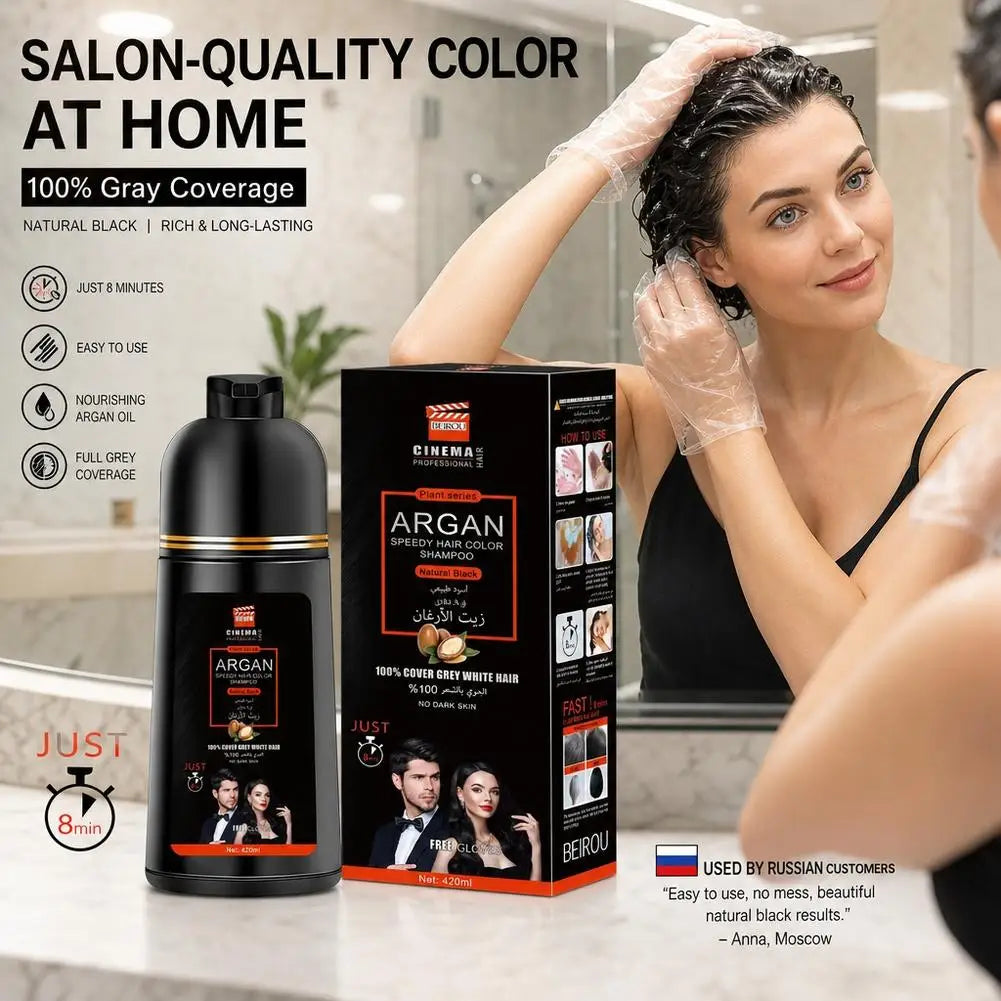 3-in-1 Collagen Argan Oil Shampoo Long-Lasting Black Hair Dye Shampoo for Men Women Nourishes Colors Gray Hair, 420ml Formula