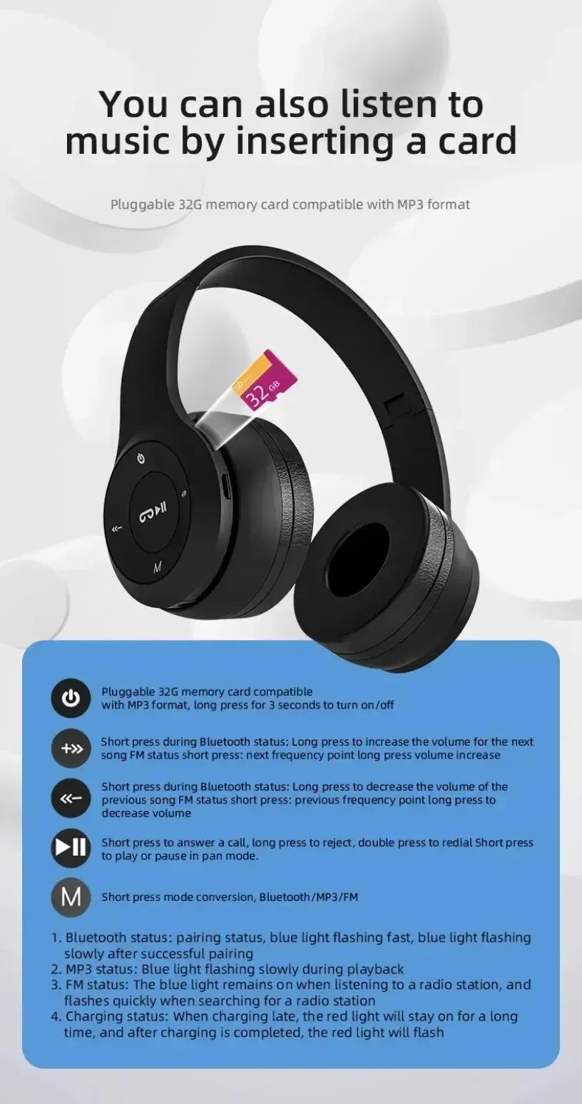 Wireless Headset Bluetooth 5.0 Foldable Sport Over Ear Headphones Stereo Bass Earphone for Running Gaming Phone Tablet