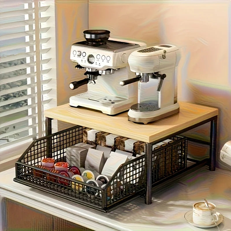 Sturdy Hardwood Space Saving Kitchen Countertop Organizer with Drawer Wire Basket for Coffee Maker
