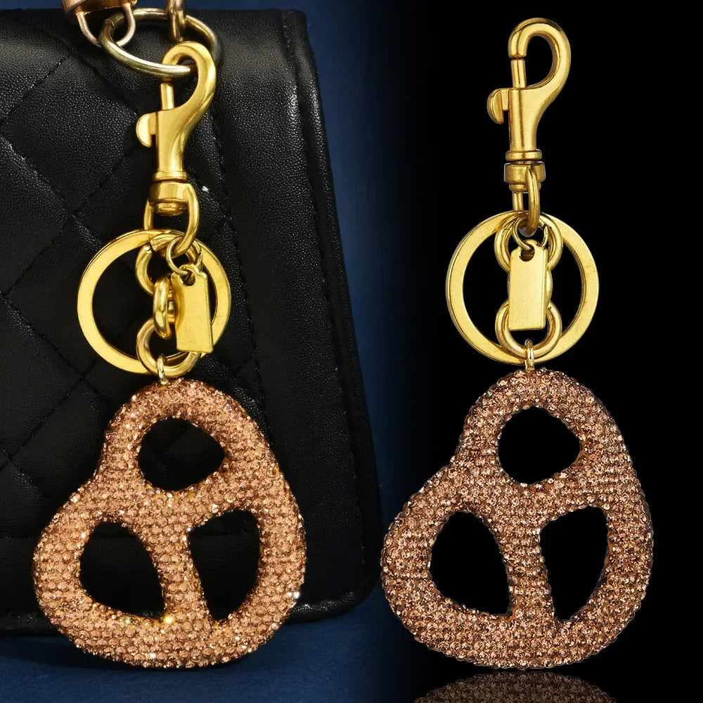 Rhinestone Pretzel Bag Charm Keychain Crystal Gold Hardware Sparkly Purse Pendant Accessory Cute Funny Foodie Gifts For Friends