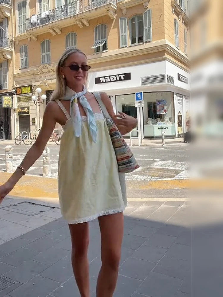 Coquette Style Lace Strap Mini Dress Women Light Yellow Loose Babydoll Dresses Sleeveless Square Neck Casual Beach Dress