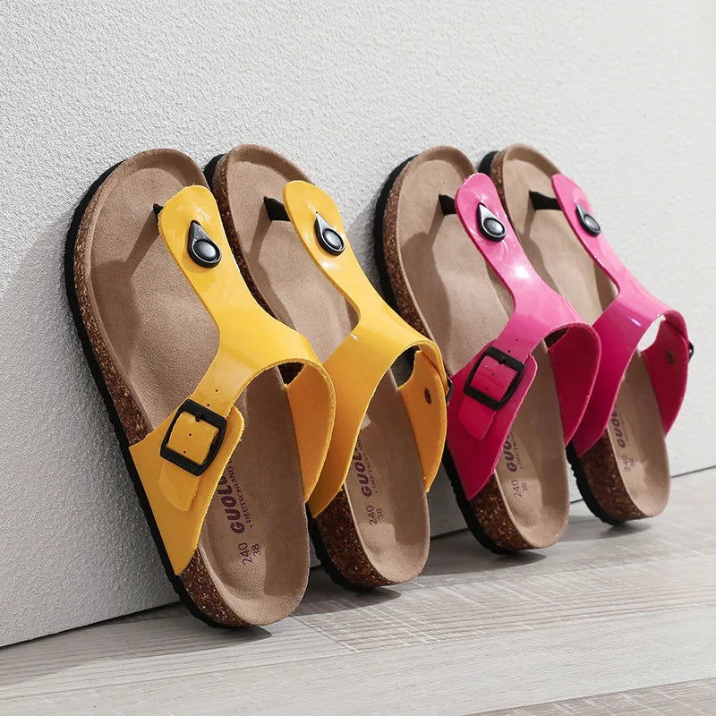 New Cork Sandals for Women Open Toe Beach Slippers with Adjustable Buckle Women Flats Leather Cork Footbed Flip Flops