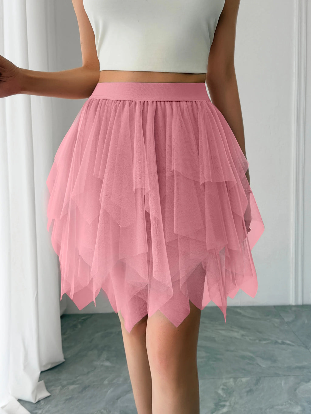 Women's mid waist chiffon mini skirt summer casual asymmetrical hem layered ruffle A-line skirt holiday sweet fairy skirt