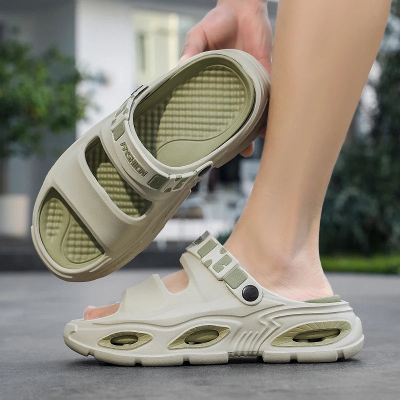 Summer New Style Men's Simple Hollow-Out Dual-Wear Beach Flip-Flops, Sizes 38-45, Thick-Soled Drainage Eva Sandals