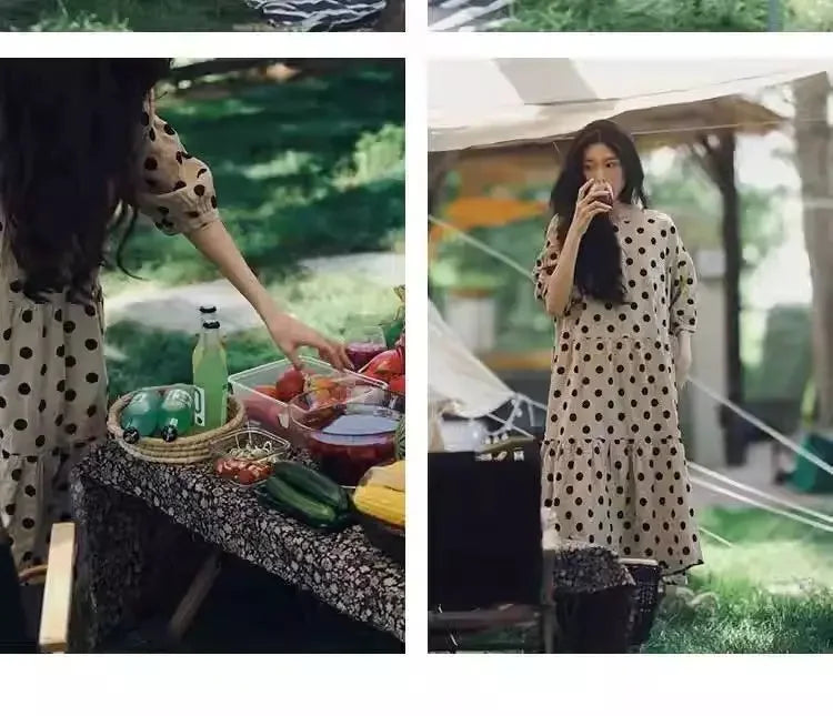 Fashion Retro Cotton and Linen Polka Dot Dress for Women Loose Slim Puff Sleeve Linen Doll Skirt