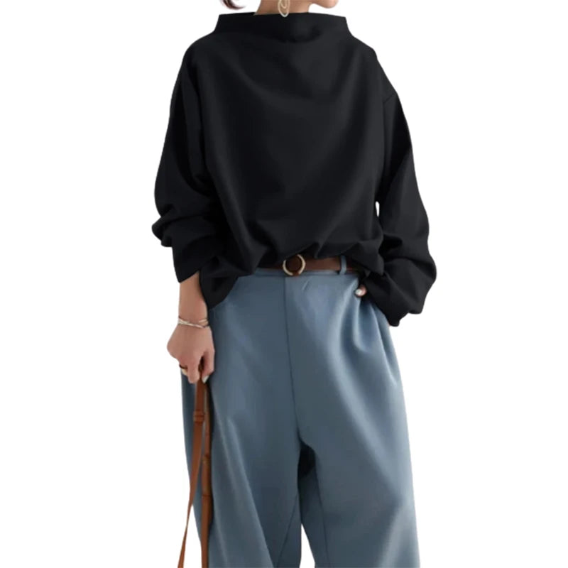 UOOZEE Women Fashion Black Solid Color High-Neck T-Shirts 2025 Spring Autumn Long Sleeves Loose Casual Daily Simple Tops