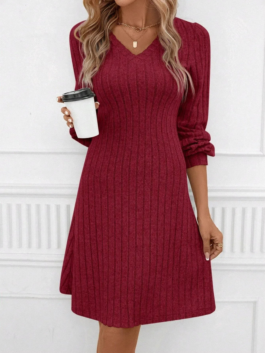 Women's Casual V Neck Pullover Mid Length Brushed Solid Color Mid Waist Ribbed Knit Dress for Women Woman Clothing Clothes