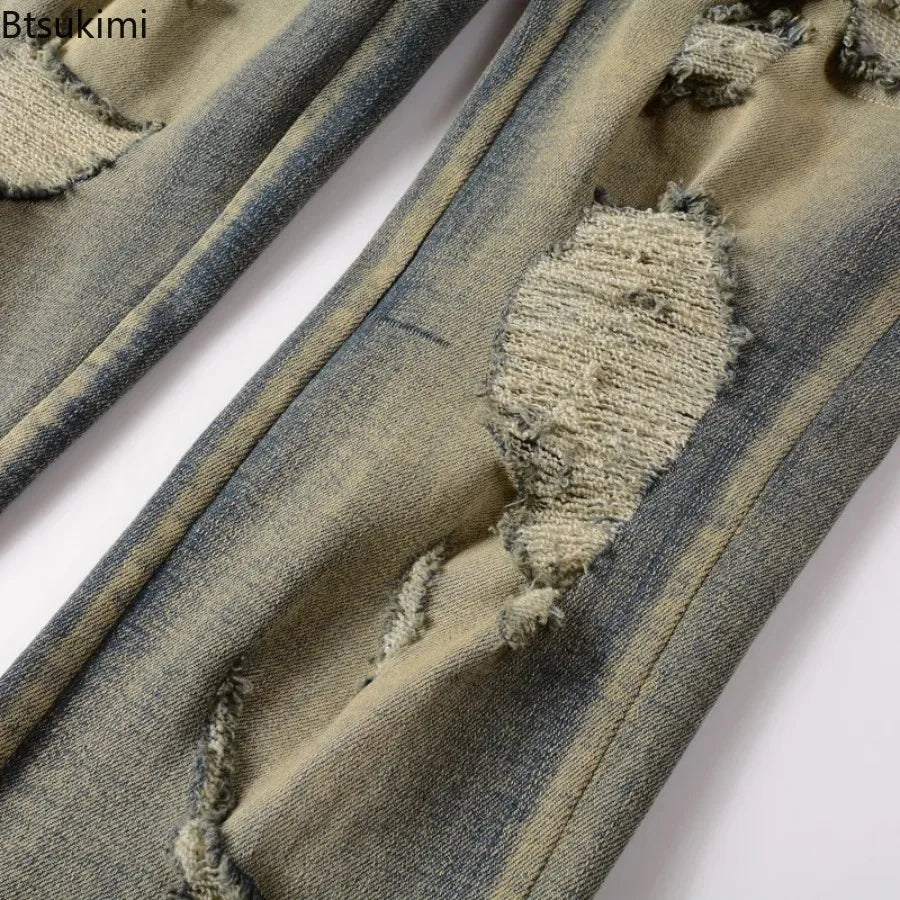 2026 New Men's Fashion Snake Embroidery Denim Jeans Vintage Blue Snakeskin Leather Patch Stretch Pants Skinny Tapered Trousers