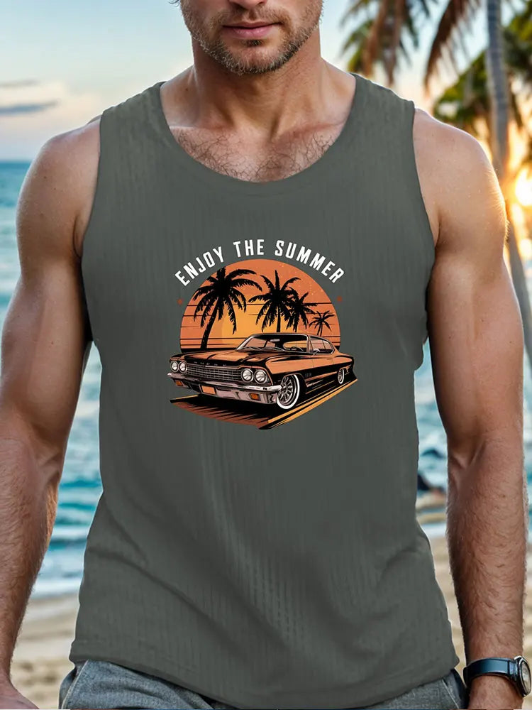 2024 Summer Outdoor Beach Men's Top Hawaiian Style Men's Tank Top Vintage Car Print Tank Top Everyday Casual Sleeveless T-shirt