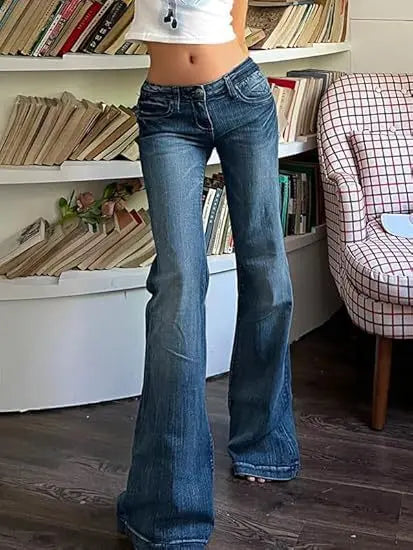 Women Washed Jeans Flare Pants Denim Mid Waist Slim Fit Pockets Button Solid Vintage Full Length Casual Denims Trousers