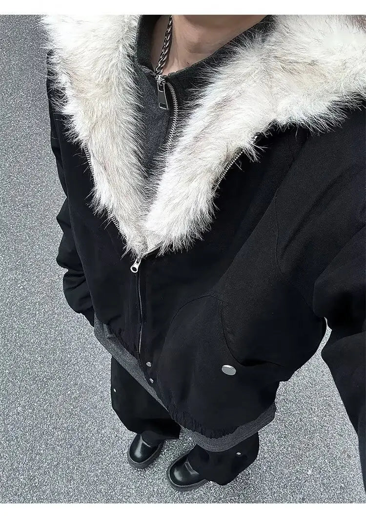 American Retro Lamb Fleece Cotton Jacket Winter Thickened Keep Warm Fur Collar Jacket Zipper Hoodie Loose Coat men clothing