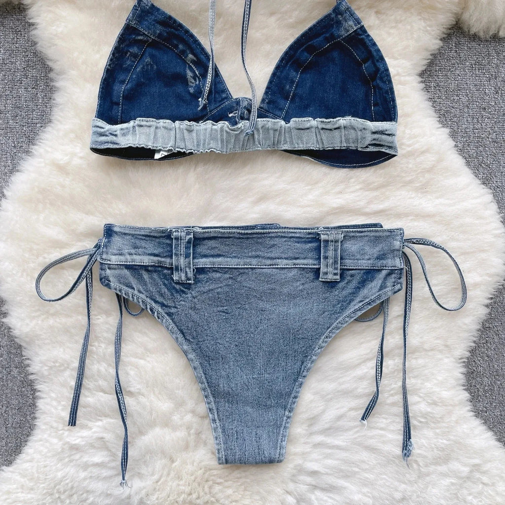 Retro Women Bikini Denim Suits Summer Halter Camis Mini Short Pant Fashion Vacation Suits Sexy Comfortable