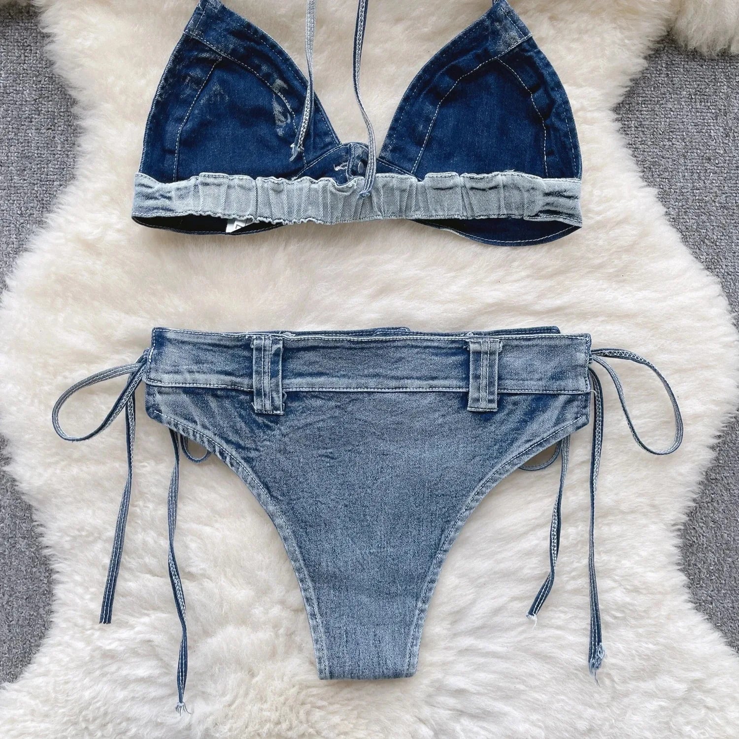 Retro Women Bikini Denim Suits Summer Halter Camis Mini Short Pant Fashion Vacation Suits Sexy Comfortable
